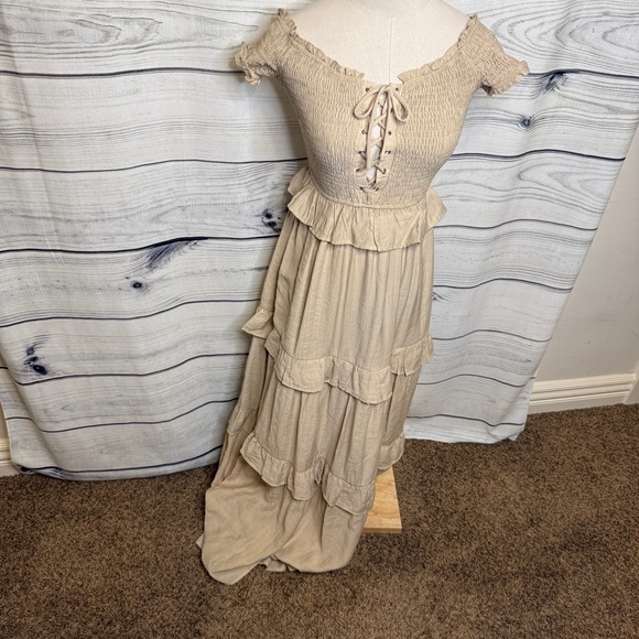 Elegant Beige Off-Shoulder Maxi Dress, ruffle trim - Picture 1 of 4